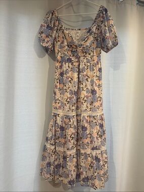Japna Lavender and Cream Floral Tie-Detail Midi Dress